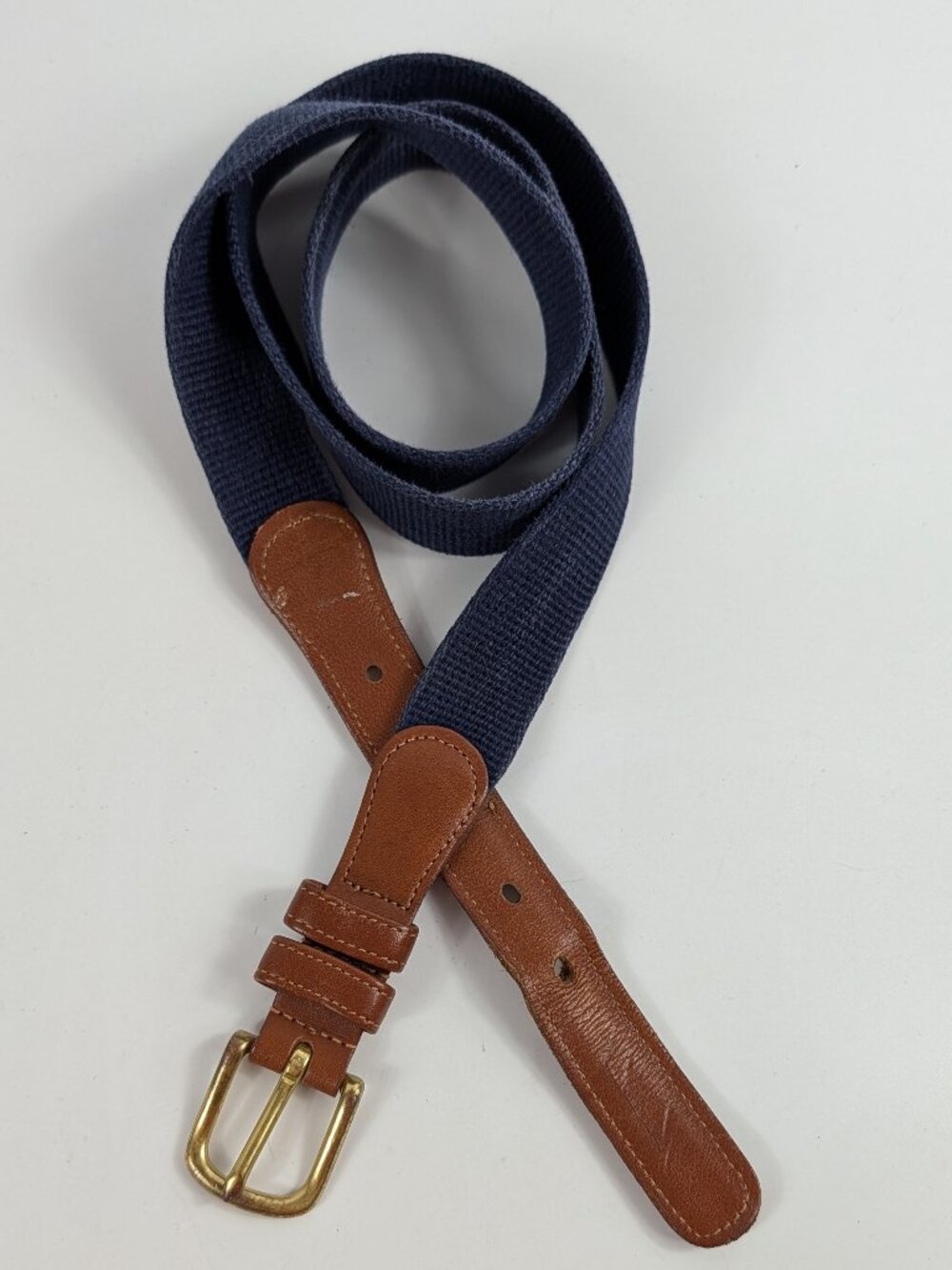 Vintage Coach Natural Linen Belt Leather Ends 44" 3811 Navy Brown Unisex